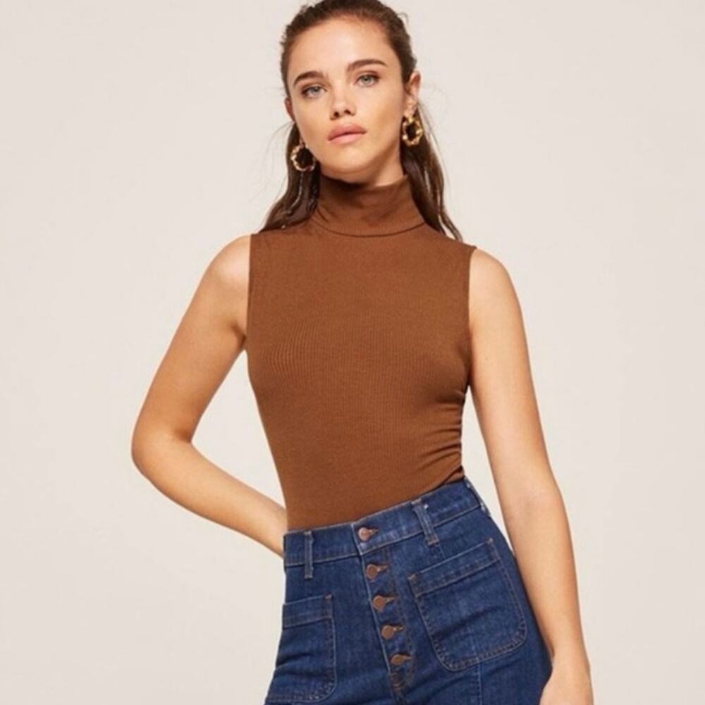 Reformation Stella Bodysuit Toffee Brown S Ribbed Sleeveless Turtleneck Tencel